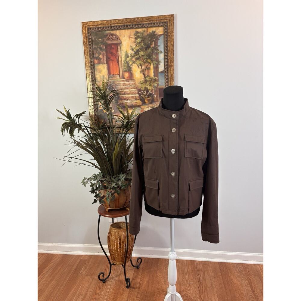 Weatherproof Women Jacket L Brown Military‎ Open Front Lined Out/Inside Pockets